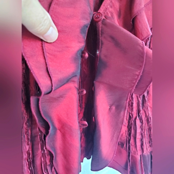 Agora Taffeta Accordian-Pleat Blouse. Metallic/Iridescent Burgundy. PL - Picture 4 of 13